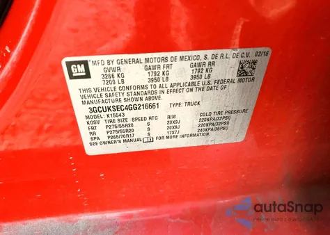 2016 Chevrolet Silverado K1500 Ltz z USA, uszkodzony, nr VIN 3GCUKSEC4GG216661